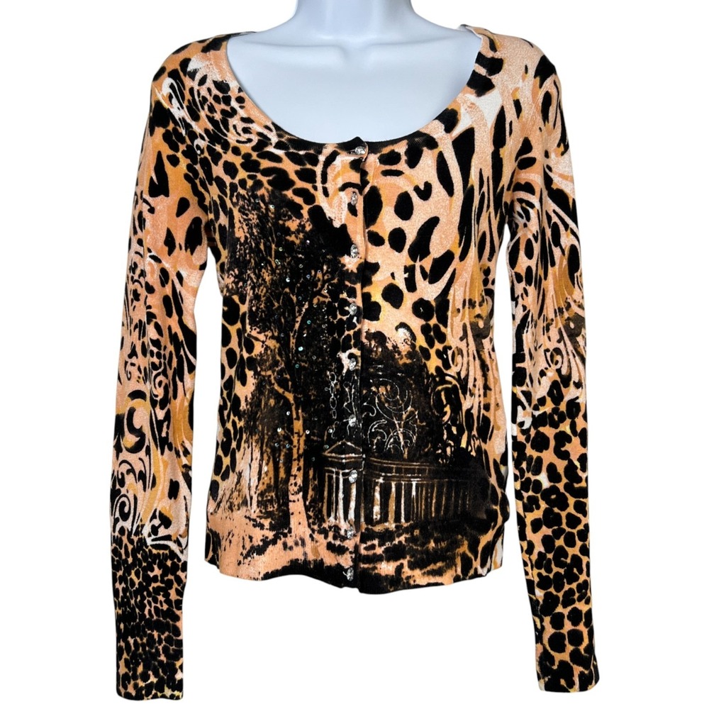 Vertigo Paris Women Silk Blend Artsy Leopard Print Cardigan Size S Sophisticated
